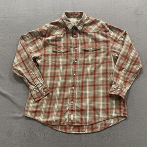 Cabela’s Shirt Mens Large Beige Red Plaid Pearl Snap Western Flannel Outdoor